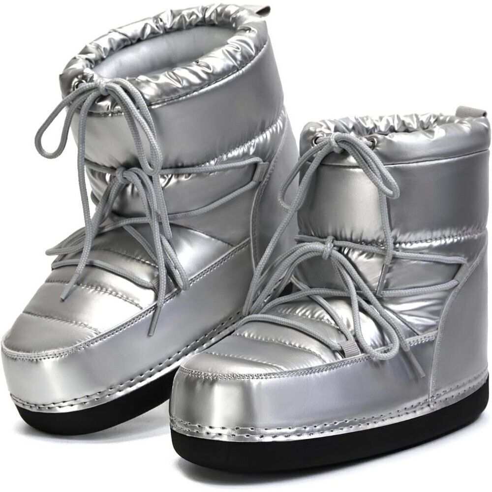 Women's Silver Winter Snow Boots Anti-Slip Lace-up Ankle Booties with Lining